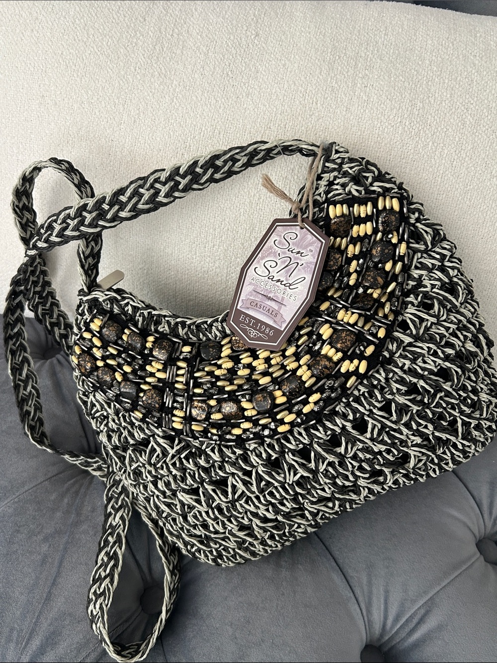Black & Cream Crochet Beaded Crossbody